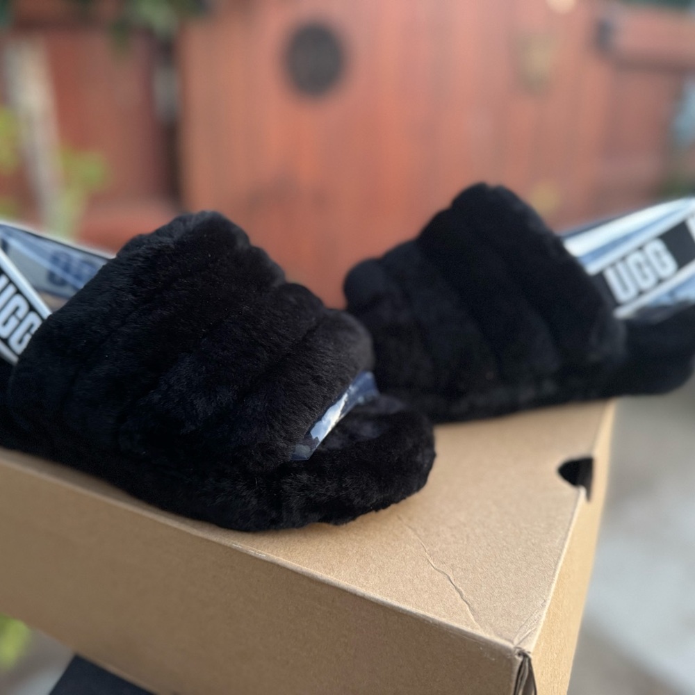 UGG Black Fluffy Slide Slippers